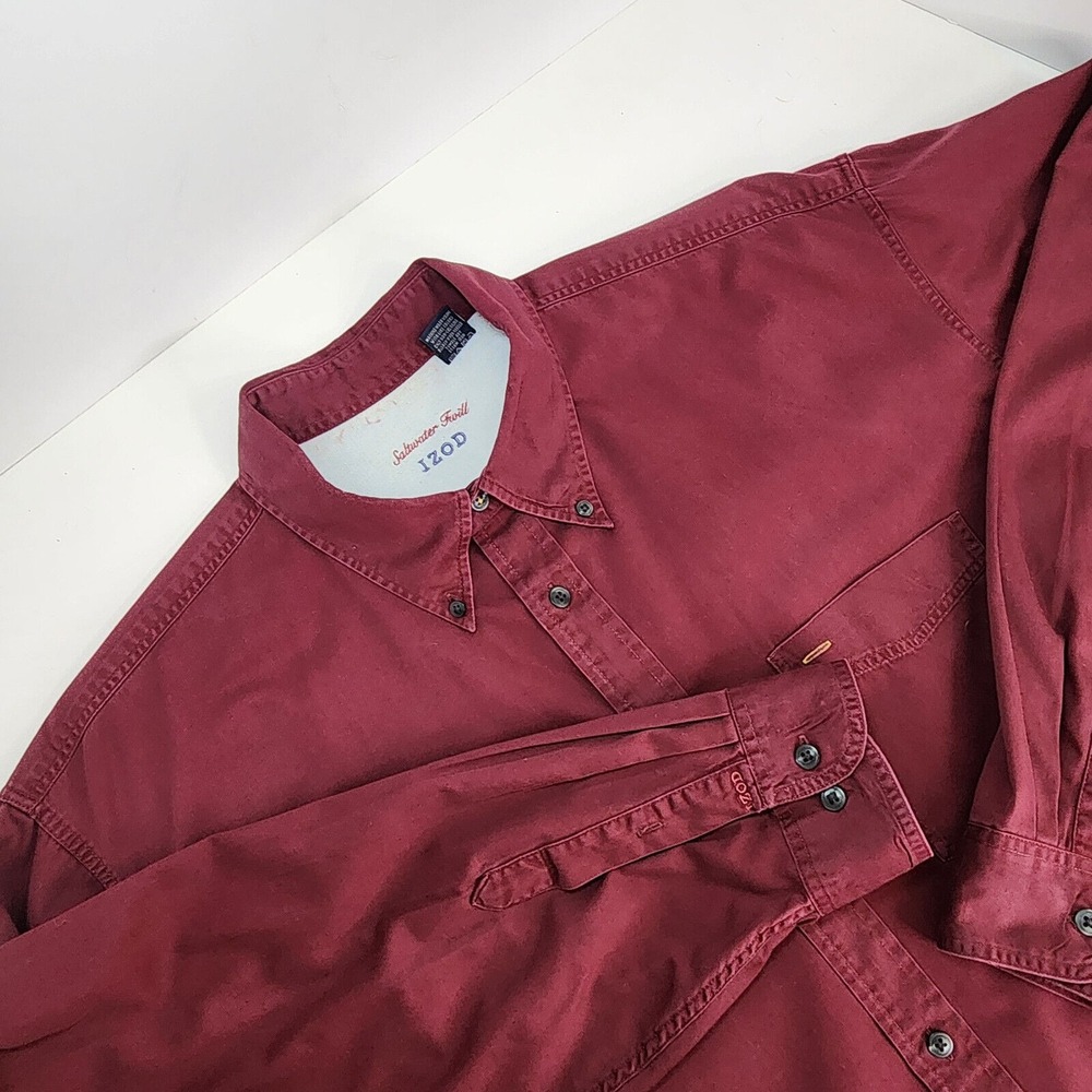 IZOD Saltwater Twill Button Down Shirt Burgundy Cotton Mens XL